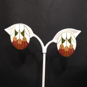 Vintage Cloisonné Enamel Clip On Earrings Gold Rust Green White Oval Earrings